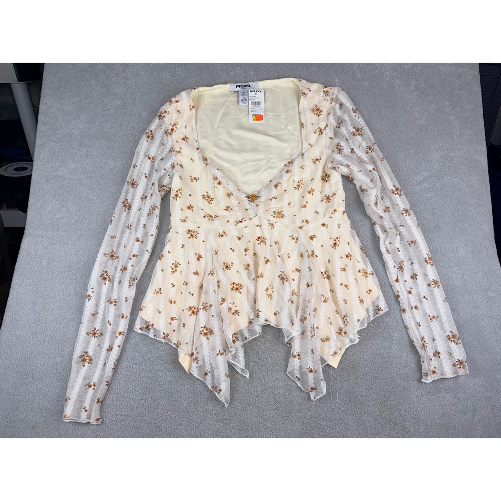 RSQ Womens Cream Floral‎ Print Mesh Overlay Cardigan Top Size Medium NWT